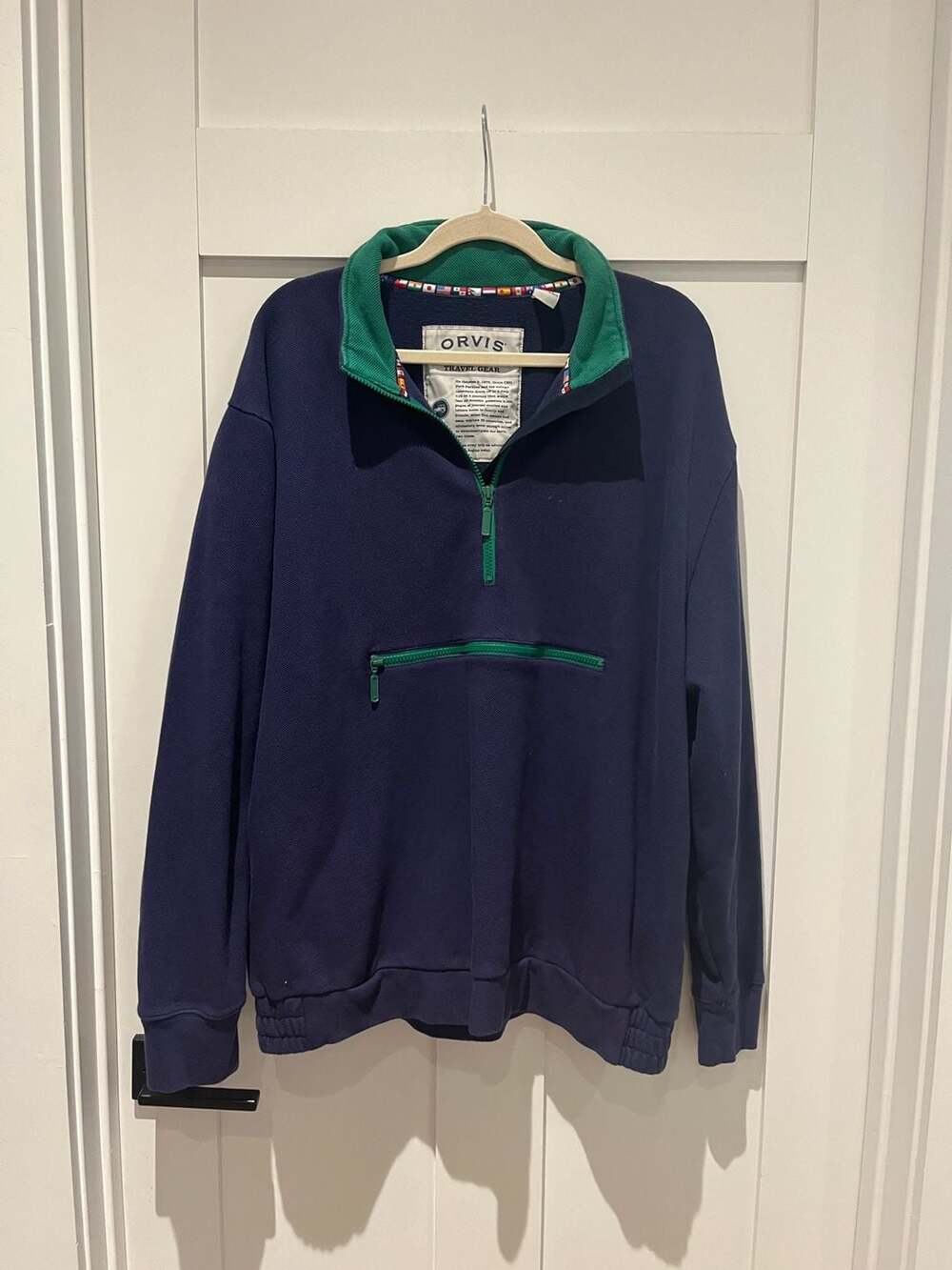 Orvis Travel Gear Navy and Green Vintage Quarter Zip Pullover Sweatshirt with Fr
